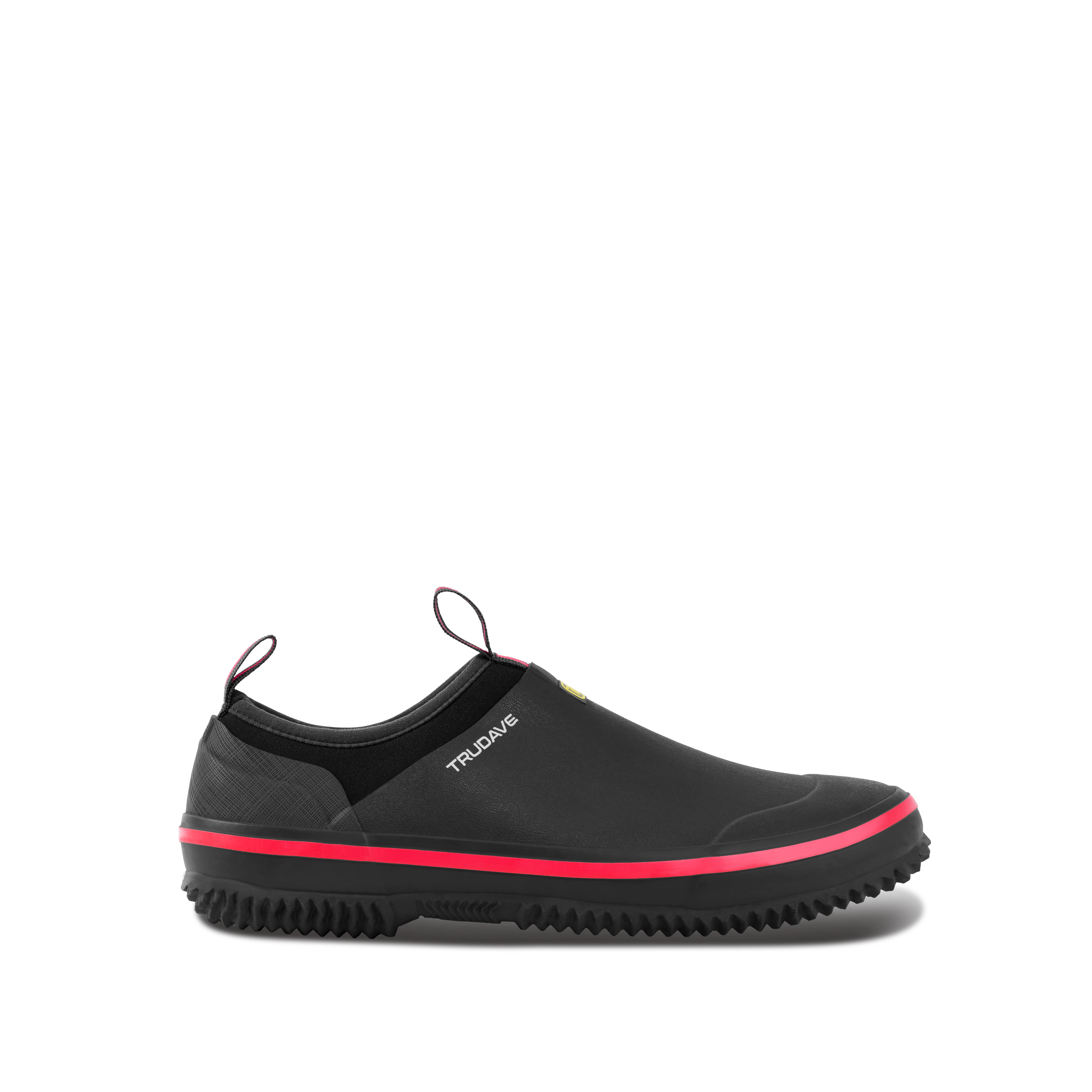 alt="Side view of Trudave GreenStep Series waterproof slip-on garden shoes in black color, featuring durable rubber construction, breathable design, and comfortable fit ideal for gardening, yard work, and outdoor chores"